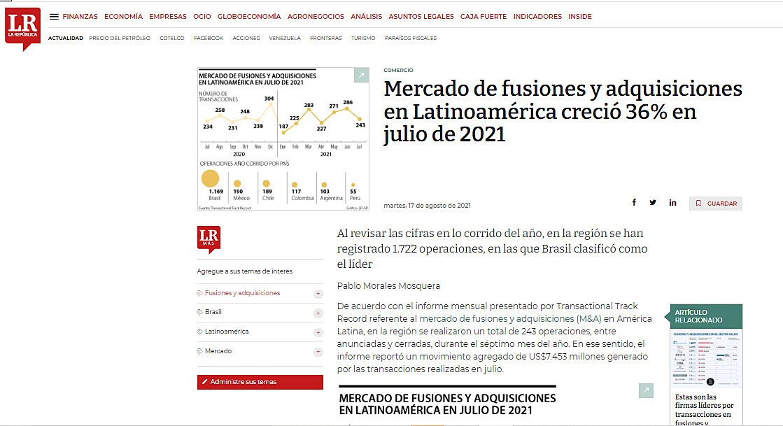 Mercado de fusiones y adquisiciones en Latinoamrica creci 36% en julio de 2021